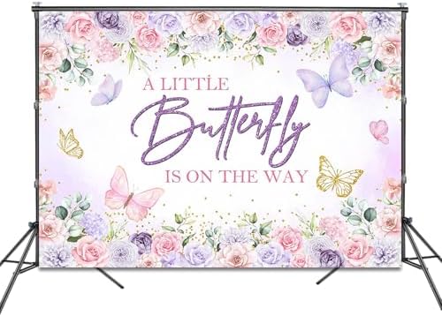 Butterfly Baby Shower Backdrop A Little Butterfly is On Her Way Photography Background Party Decorations Purple and Pink Floral Baby Shower Banner Photo Booth Props (8x6ft) - Image 2