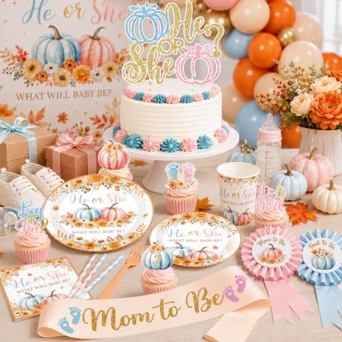 Pumpkin Gender Reveal Decorations,Fall Theme Party He or She What Will Our Little Pumpkin Be Plates,Napkins,Balloon Arch,Box Tablecloth for Autumn Thanksgiving Gender Reveal - Image 3