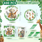 Funnymoom 400 Pcs Safari Happy Birthday Party Supplies for 50 Guests Jungle Animals Paper Plates and Napkins Knives Spoon Fork Cup Wild Animals Lion Tiger Dinner Sets for Zoo Birthday Party - Image 2