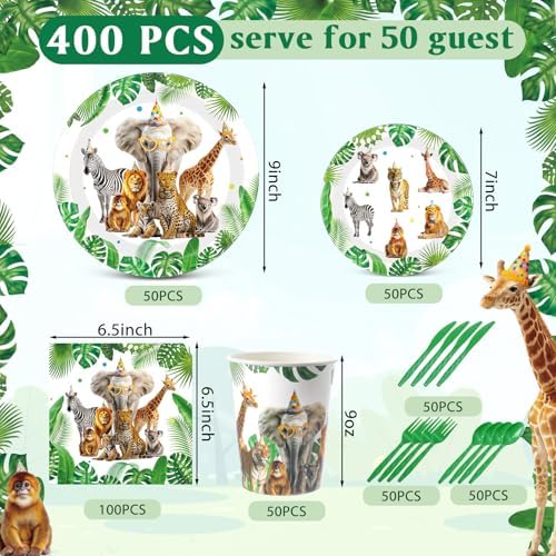 Funnymoom 400 Pcs Safari Happy Birthday Party Supplies for 50 Guests Jungle Animals Paper Plates and Napkins Knives Spoon Fork Cup Wild Animals Lion Tiger Dinner Sets for Zoo Birthday Party - Image 2