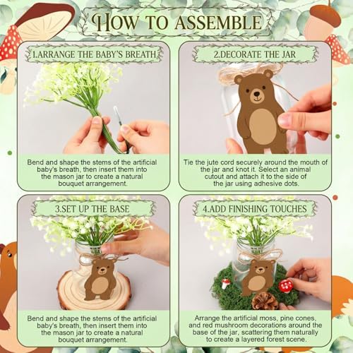 43 Pcs Woodland Animals Centerpieces Forest Animals Tabletop Centerpiece for Baby Shower Jungle Birthday Party Decor Kit with Mason Jar Babysbreath Animal Cutouts Wood Rounds Pine Cones Moss - Image 5