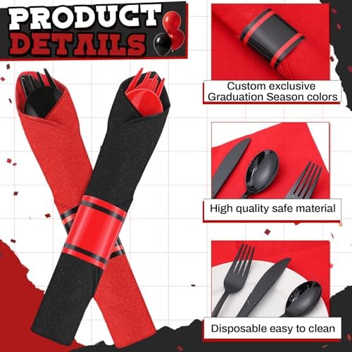Lasnten 100 Set Pre Halloween Pre Rolled Silverware, Black Red Disposable - Image 3