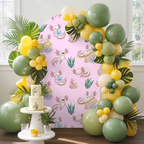Cartoon Axolotl Arch Backdrop Cover 6.6 FT, Pink Ambystoma Mexicanum Green Seaweed Ocean Coral Wedding Arch Cover Stretchy Backdrop Stands Covers for Birthday Party Ceremony Banquet Decor - Image 3
