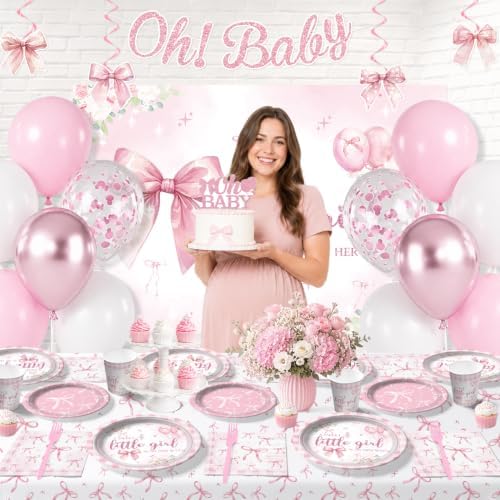 Yingoto 145 Pcs Pink Bow Baby Shower Decorations Tableware Set, Serves 20 - Image 4