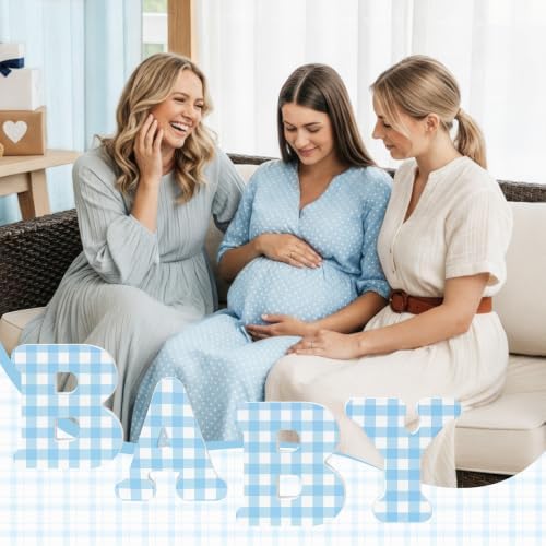 4 Pcs Blue Plaid Baby Shower Decorations Wooden 3D Baby Letters, 6 inch Blue Gingham Theme Wooden Blocks for Party Decor, Rustic Centerpiece for Gender Reveal Birthday Nursery Decor - Image 5