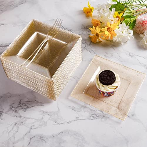Goodluck 120Pcs 6.5" Square Gold Glitter Dessert Plates Set - Image 6