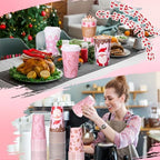 Mimorou 60 Pack Pink Christmas Coffee Cups with Lids and Sleeves, 16 oz Disposable Paper Holiday Cups, Festive Designs with Snowflakes Santa Gingerbread Candy Canes Polka Dots for Xmas Party Favors - Image 5