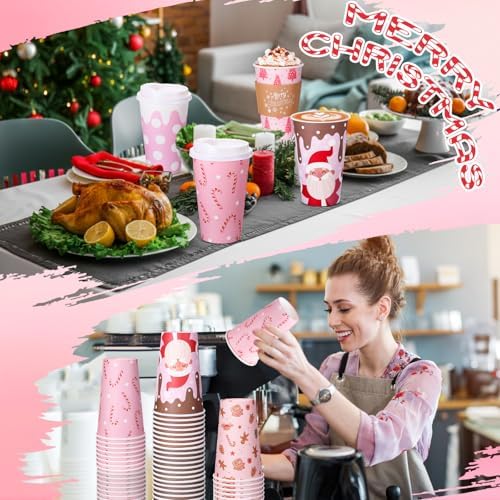 Mimorou 60 Pack Pink Christmas Coffee Cups with Lids and Sleeves, 16 oz Disposable Paper Holiday Cups, Festive Designs with Snowflakes Santa Gingerbread Candy Canes Polka Dots for Xmas Party Favors - Image 5