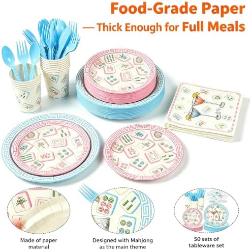 350 Pcs Mahjong Paper Plates and Napkins Set for 50 Guests - Disposable Tableware with Cups Forks Knives Spoons, Mahjong Themed Party Supplies for Game Night Birthday Decorations - Image 6