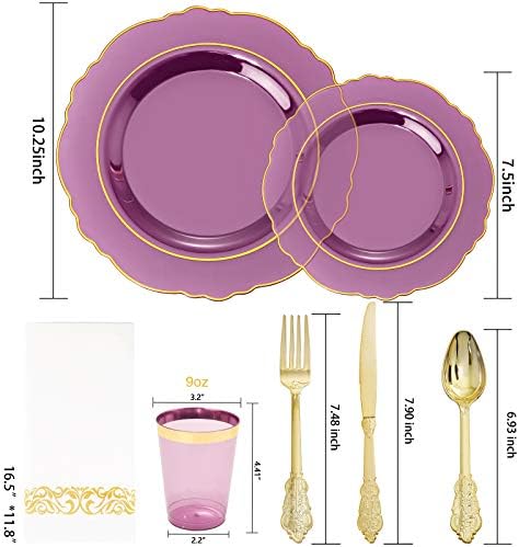 KIRE 210Pcs Purple Plastic Plates with Gold Rim& Silverware &Cups&Hand Napkin - Baroque Clear Plastic Dinnerware for Upscale Wedding/Parties Plates - Image 2