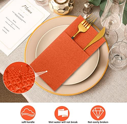 Cindeer 150 Pcs Orange Linen Dinner Napkins with Built in Flatware - Image 6