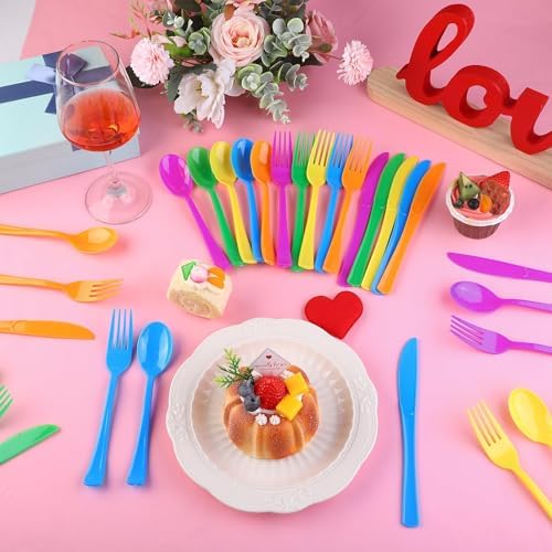 Kochorie 300 Pieces Rainbow Plastic Silverware Disposable Colorful Utensils - Image 4