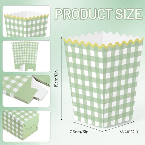Kuabiz 60 Pcs Green Gingham Popcorn Boxes with Scalloped Sage Green Checkered Paper Candy Boxes Disposable Gingham Popcorn Bowls Cookie Containers for Movie Night Bridal Baby Shower Party Supplies - Image 2