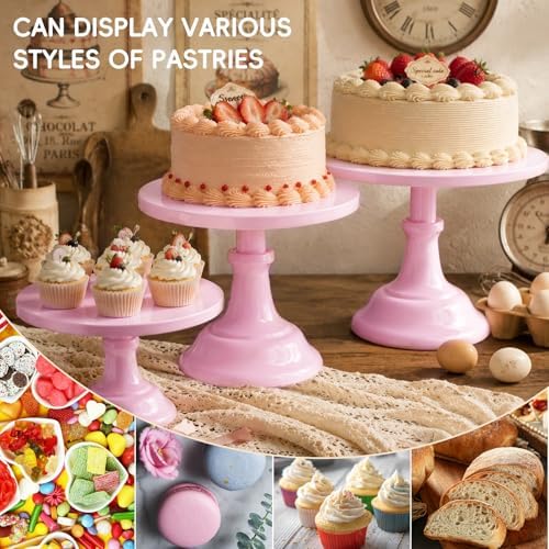 3 PCS Pink Round Cake Stand Set, Multi Size Metal Cupcake Holders Stand for Birthday Wedding Banquets, Pastry Display Holders for Holiday Party Dessert Display Table Decor (8"/10"/12" Plate) - Image 3