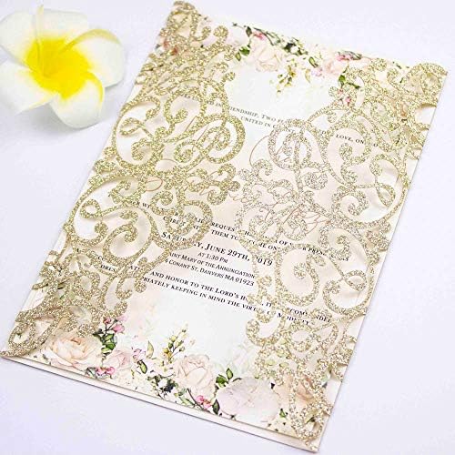 50pcs 5x7 Wedding Invitations Cards Laser Cut Pocket only, No Envelope,No Insert for Wedding Bridal Shower Engagement Birthday Invite (Champagne Gold Glitter) - Image 6