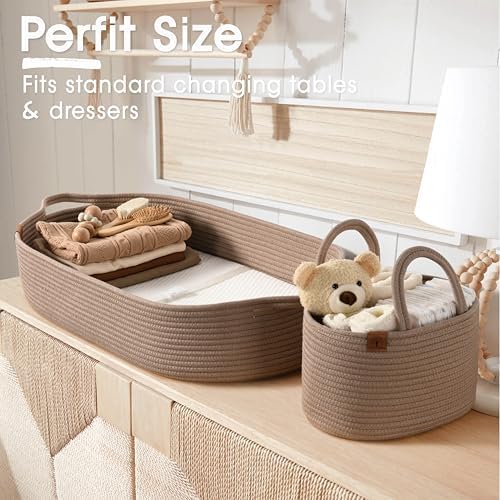 Baby Changing Basket Includes Diaper Caddy - Soft & Waterproof Dual-Cover, Portable, Changing Pad for Dresser & Changing Table, Gift for Baby Shower, Organic Cotton Rope - Image 3