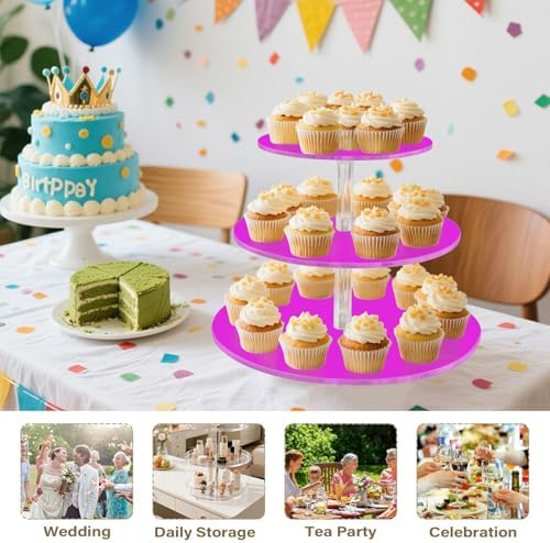 J JOYSAY Fuchsia Purple Pattern Acrylic Cupcake Stand 3 Tier Dessert Table Display Set Clear Cake Stands for Wedding Party Baby Shower Decorations Easy Assembly Macaron Tower - Image 7