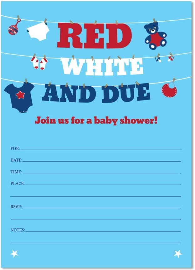 Red White & Due Baby Shower Clothesline July 4th White Invitation, Set 20 by Star+Stream+Design
