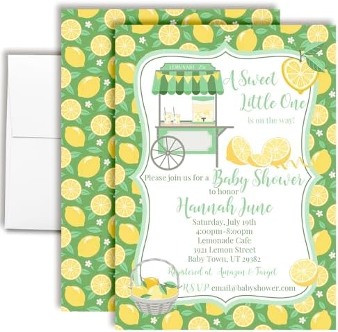 Custom Baby Shower Invites Lemon Gender Neutral Invitations for Boys or Girls, Pack of 20 5x7 Personalized Lemon Themed Invites with Envelopes - Unique Lemon Baby Shower Cards by AmandaCreation by AmandaCreation