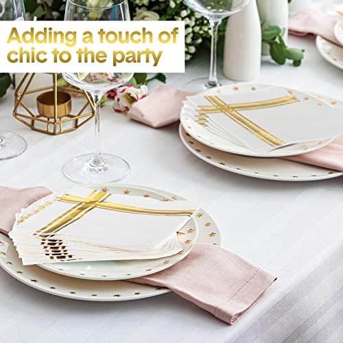 Taobary 400 Pcs 3 Ply Cocktail Napkins with Gold Foil Trim, White and Gold - Image 4