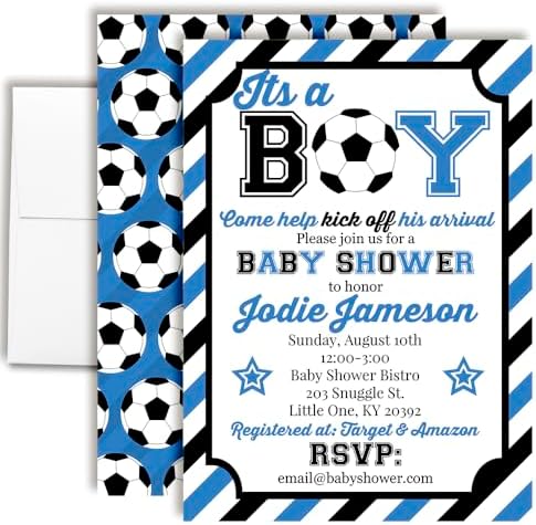Amanda Creation Custom Baby Shower Invites Soccer Baby Shower Invitation 20 5x7 Custom Personalized Blue Soccer Ball Invites With Envelopes by AmandaCreation
