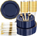 Hioasis 350 Pcs Blue and Gold Plastic Plates for Wedding & Party by Hioasis