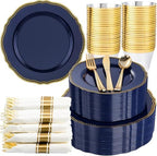 Hioasis 350 Pcs Blue and Gold Plastic Plates for Wedding & Party by Hioasis
