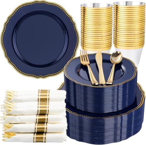 Hioasis 350 Pcs Blue and Gold Plastic Plates for Wedding & Party by Hioasis