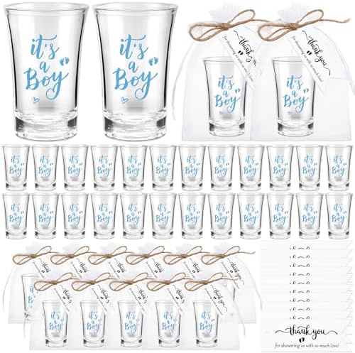 Pickmesh 100 Sets Baby Shower Party Favors for Guests 1.2 oz Acrylic Clear Shot Glasses Thank You Tag Card Organza Bag Twine for Baby Shower Gender Reveal Appreciation Theme Return Gift(Boy) by Pickmesh