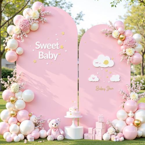 Pale Pink Arch Cover 2 Set-7.2FT and 6FT Arch Backdrop Cover Spandex Fitted Wedding Arch Stand Covers for Baby Shower Girls Birthday Party Bridal Shower Wedding Banquet Photo Background Decorations - Image 3