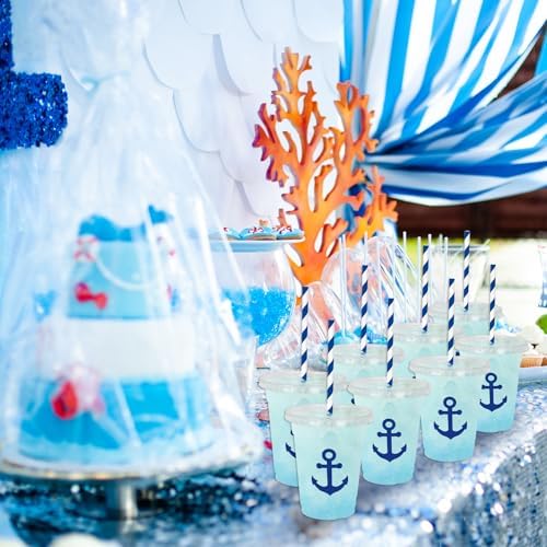 Whaline 50Pcs Nautical Disposable Plastic Cups with Lids and Straws 12 Oz Blue Anchor Cold Beverage Drinking Cups for Ocean Theme Birthday Party Supplies - Image 5