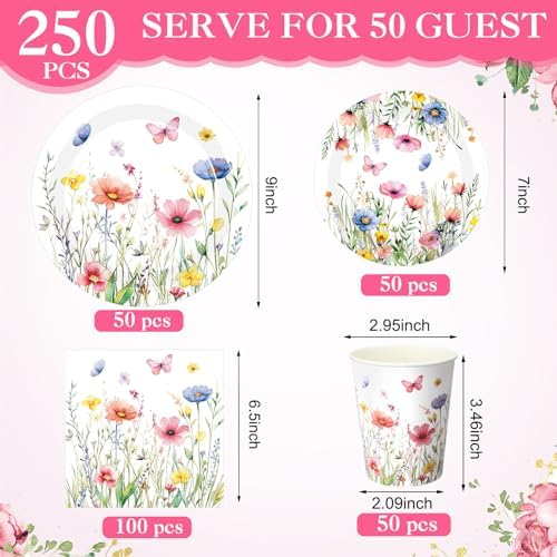 Wildflower Party Decorations, Paper Plates Napkins Cups Serve 50, Vivid - Image 2