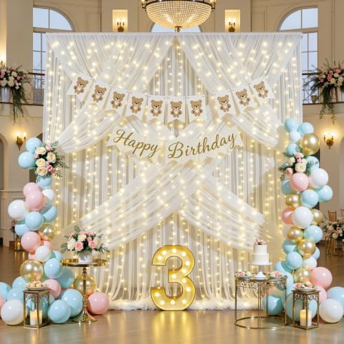 10ft x 10ft Ivory Tulle Photo Backdrop Curtain with Lights String for Parties Wedding Sheer Ivory Curtain Backdrop for Birthday Party Bridal Shower Photo Booth Photography Background Decorations - Image 3