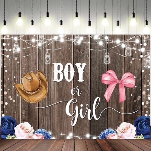 12x8ft Gender Reveal Backdrop Boy or Girl Photography Background Hat Bow Pink Blue Flowers Leaves Glitter Dots Wood Baby Shower Banner Decorations Newborn Birthday Party Photo Booth Prop - Image 2