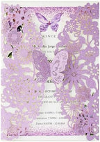 Hosmsua 50PCS Purple Butterfly Quinceanera Invitation Card Kit 5.1x7.3'' Laser Cut Flora Butterfly Invitation Pocket with Envelopes for Bridal Shower XV Anos Wedding Invitation (Purple Glitter) by Hosmsua