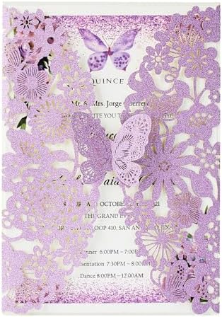Hosmsua 50PCS Purple Butterfly Quinceanera Invitation Card Kit 5.1x7.3'' Laser Cut Flora Butterfly Invitation Pocket with Envelopes for Bridal Shower XV Anos Wedding Invitation (Purple Glitter) by Hosmsua