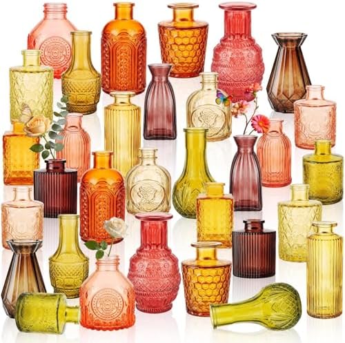 32 PCS Assorted Vintage Bud Vases, Colorful Glass Small Vases Bulk, for Centerpieces, Wedding Table Decor, Home Decorations & Gifts (Amber Series) by Unknown