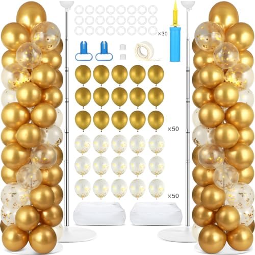 2 Sets Metallic Gold Balloon Column Stand Kit with 100 Balloons Adjustable Balloon Tower Stand with Bases for Floor Gold Confetti Balloons Column Kit for Shower Birthday Wedding Back to School Party by ZOIIWA