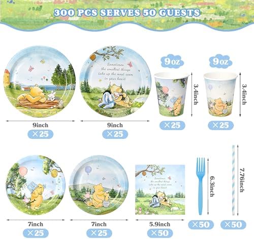 300 Pcs Winnie Bear Baby Shower Plates and Napkins Tableware Set, Plates Napkins Cups Straws and Forks Sets, Winnie Baby Shower Decorations Birthday Party Supplies, Serves 50 Guests - Image 3