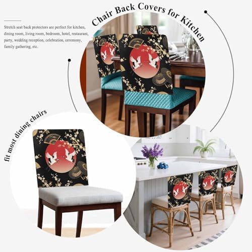 Cherry Blossom Chair Back Covers for Dining Chairs 8 Pack, Harmony Crane Red Moon Paper Fan Washable Removable Chair Slipcover Back Chairs Protector for Wedding Baby Shower Party - Image 5