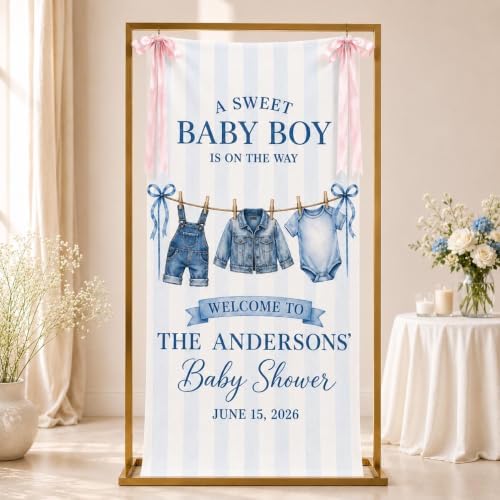 A Sweet Baby Boy Blue Stripe Denim Baby Shower Linen Fabric Welcome Banner by Custom