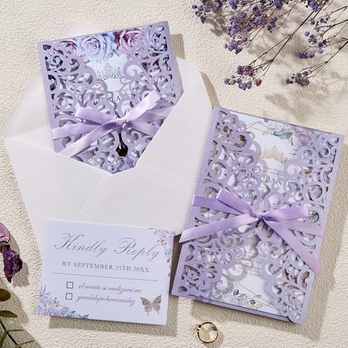 50PCS Wedding Invitation, Purple Hollow Laser Cut Custom Invitations - Image 5