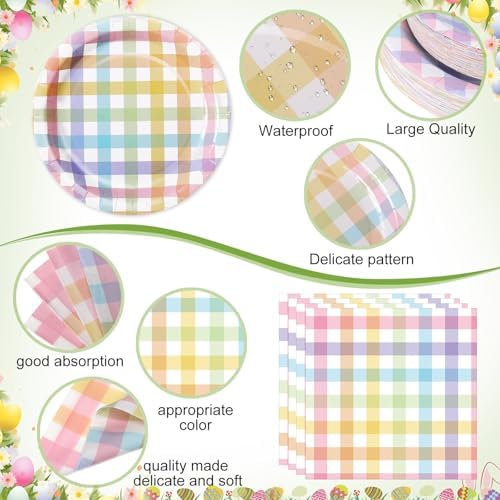 Funnymoom 452 Pcs Pastel Easter Party Decoration for 50, Spring Easter Paper Plates Napkins Cups Tablecloth Cutlery Straws Rainbow Pastel Gingham Plaid Tableware for Spring Birthday Party Supplies - Image 2