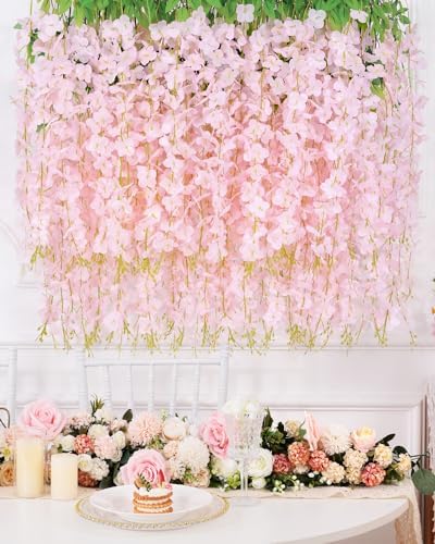 Waipfaru 40Pcs Light Pink Wisteria Hanging Flowers,Fake Hanging Flowers - Image 3