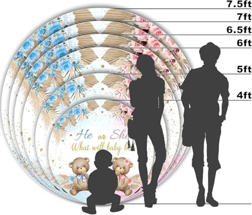 AOFOTO 7.2x7.2ft Bear Round Backdrop Cover Cute Bear Floral Printed Photography Background He or She What Will Baby Be Blue Pink Circle Arch Backdrop Banner Gender Reveal Baby Shower Party Supplies - Image 7