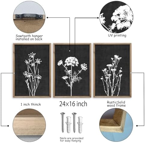 Flower Plant Wall Art Decor 24"x16" Set of 3 Black And White Wood Black - Image 2