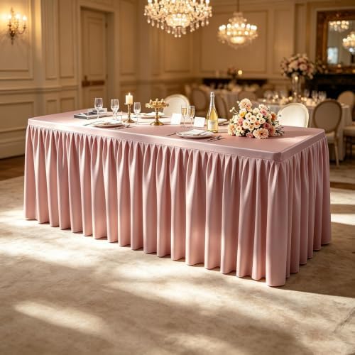 Dusty Rose Tablecloth Rectangle Tables 8FT, Polyester Wrinkle Free Stretch Table Cloth 6ft Fitted Table Cover with Pleated Ruffle Skirt for Weddings Birthday Banquet Baby Shower - Image 3