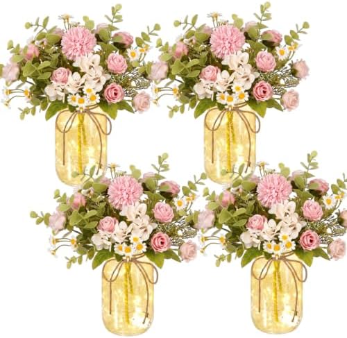 4 Sets Rose Chamomile Mason Jar Centerpiece with LED Lights by Tianxunewtig