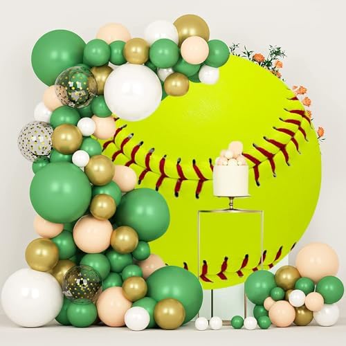 Softball Round Backdrop Cover Green Softball Photo Background Sports Themed Birthday Baby Shower Party Decorations Circle Arch Backdrop Cover Fans Athletes Photo Booth Props 7.2ft - Image 4