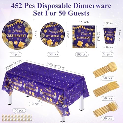 Funnymoom 452 Pcs Retirement Party Decorations Supplies Women Set Include Purple and Gold Retirement Paper Plates Napkins Cups Tablecloth Cutlery Straws for Men Women Say Goodbye Party - Image 3